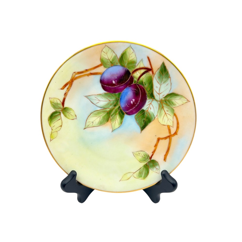 Vintage‎ Hand Painted Plum Fruit Gold Trim Decorative Bread Plate 7"